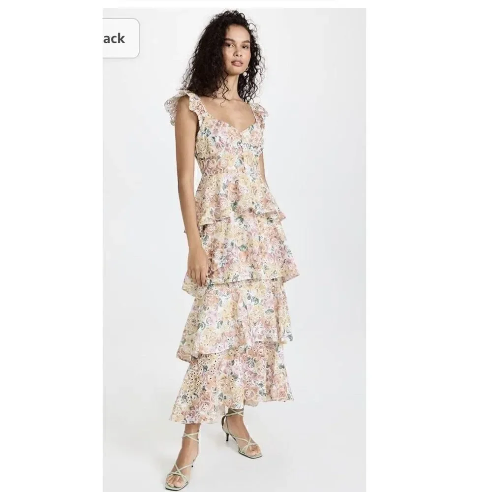 En Saison Presley Embroidered Tiered Floral Midi Dress Size L Summer NWT Revolve